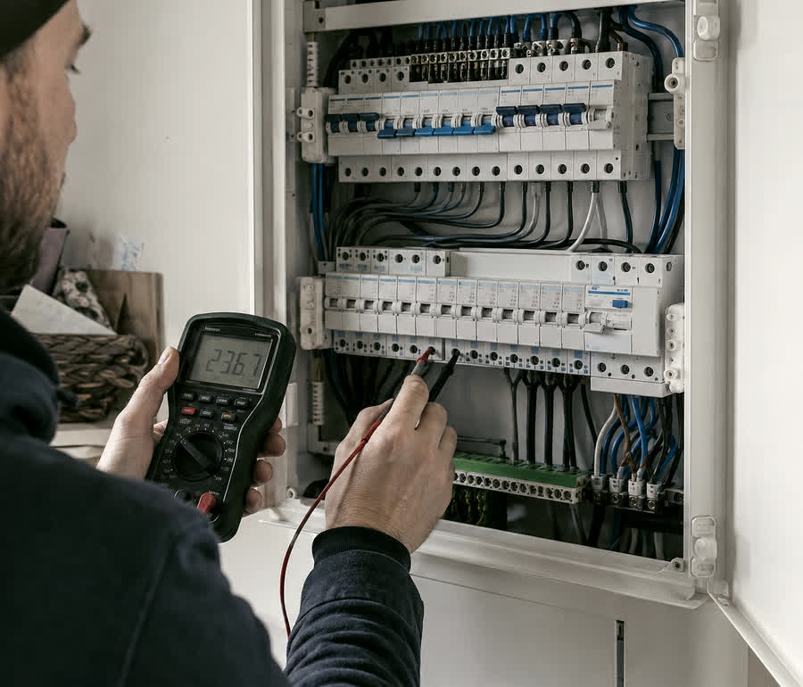 Elektriker måler spenning i en sikringstavle under en elkontroll.