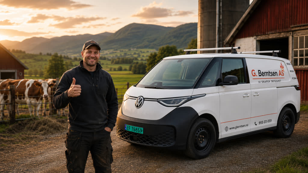 Montør fra G. Berntsen AS ved firmabilen utenfor en driftsbygning.